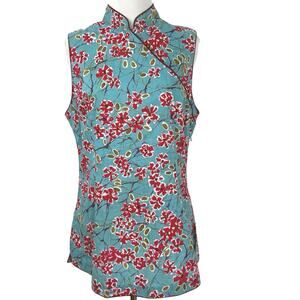 Vintage Lucky Brand Mandarin Collar Floral Top Sleeveless Cotton Large
